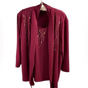 ALFRED DUNNER Ladies Cardigan Blouse Attached Top Embellished SZ Small Burgundy